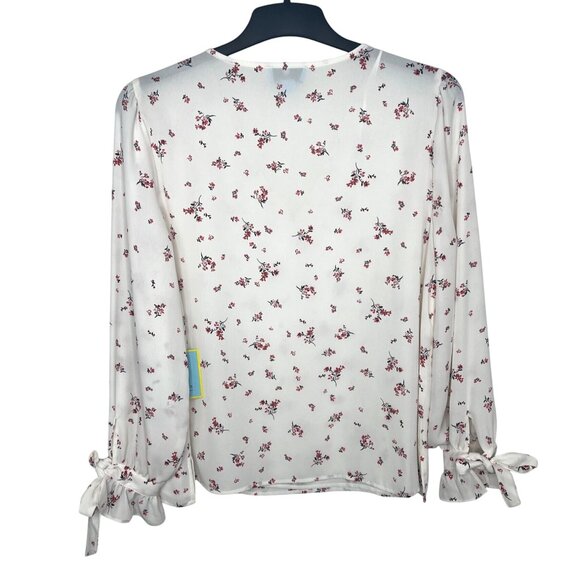 CeCe Breezy Sprigs Ecru Floral Print Long Sleeve V-Neck Tie-Cuff Blouse Large - Picture 14 of 15